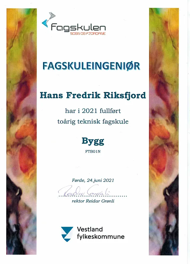Bevis for fullført toårig teknisk fagskole